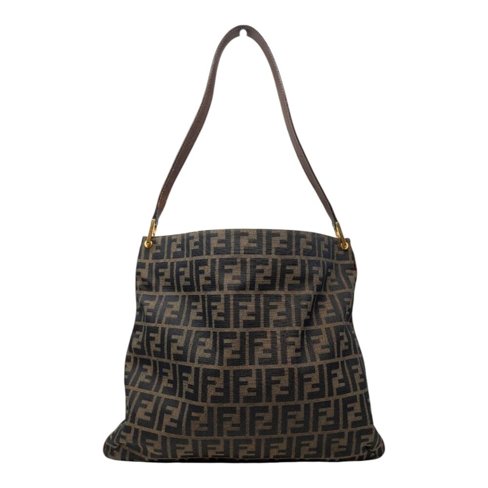 Vintage Fendi Zucca Shoulder Bag Hobo Tobacco FF Gold Hardware Brown Black